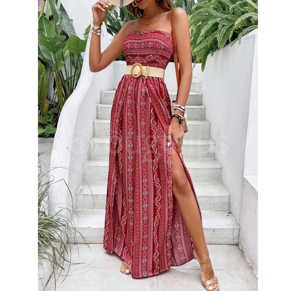 Rouge! Pants - Paisley Print Red Tube Top Flared Slit Leg Jumpsuit